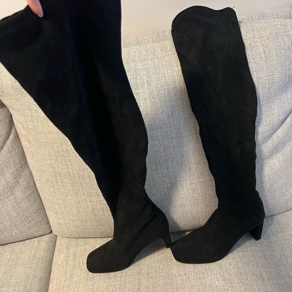 French Connection Black Over the Knee Boots Sleek Silhouette